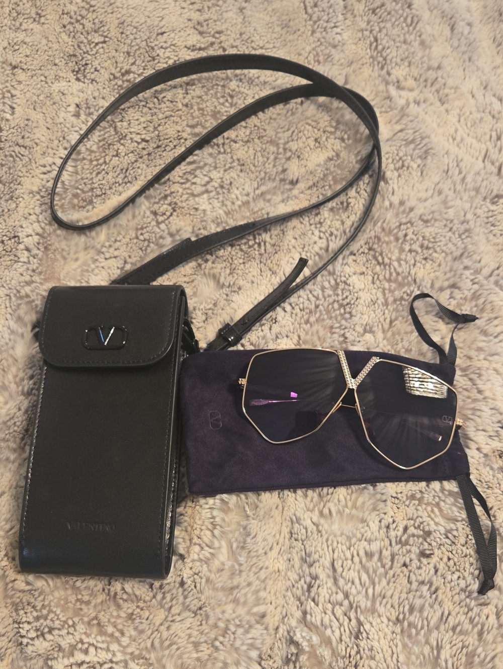 Valentino Black Leather Crossbody with Gold-Trim Hexagonal Sunglasses